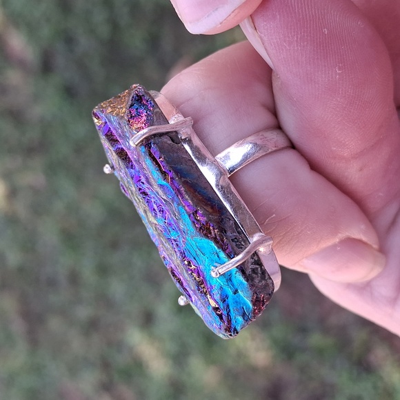 New Rough Rainbow Titanium Crystal Quartz 925 Silver Statement Ring. - Picture 6 of 15